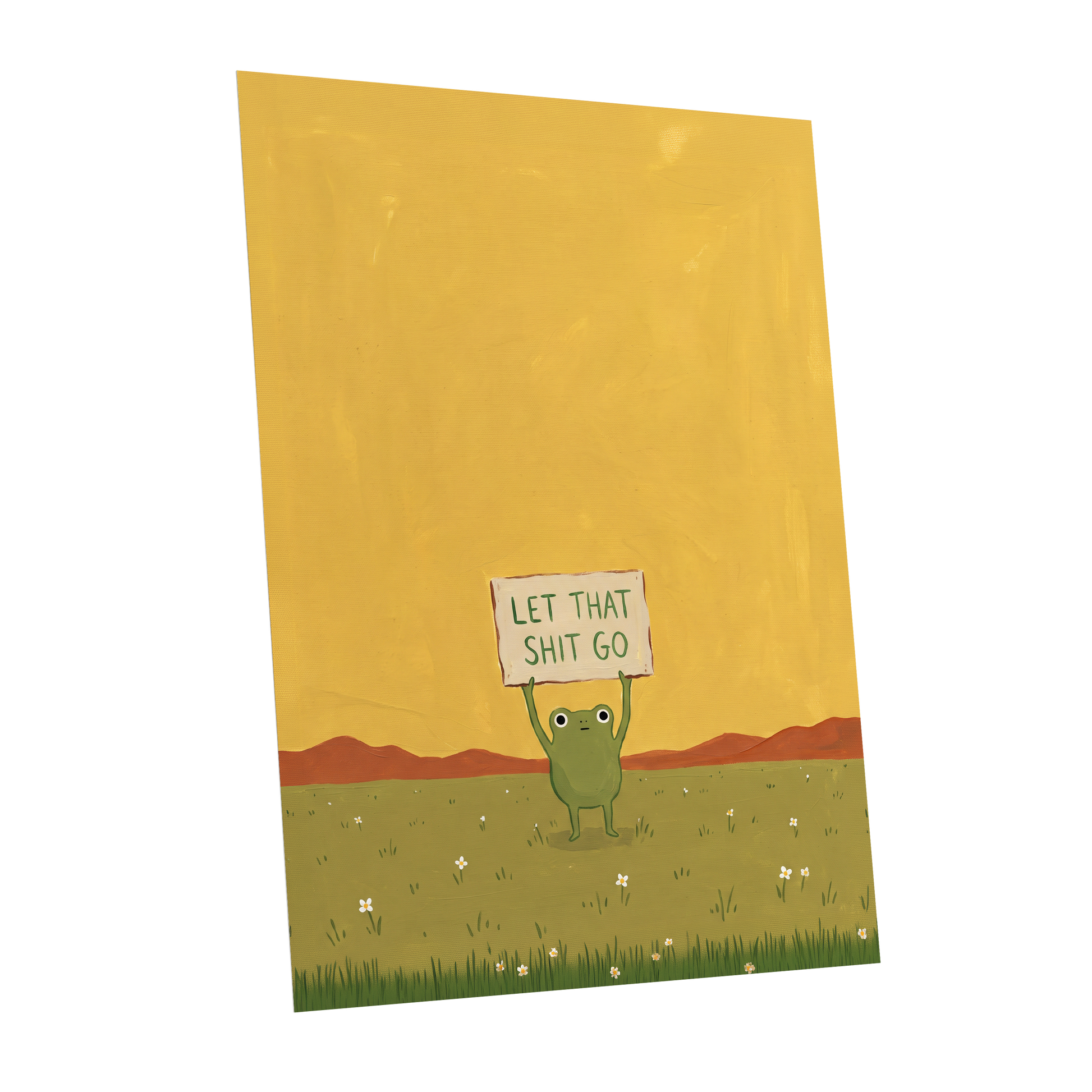 Let It Go, Little Frog, yellow, green, brown nature wall art shown as a unframed poster wall art print