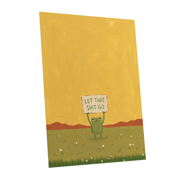 Let It Go, Little Frog, yellow, green, brown nature wall art shown as a unframed poster wall art print