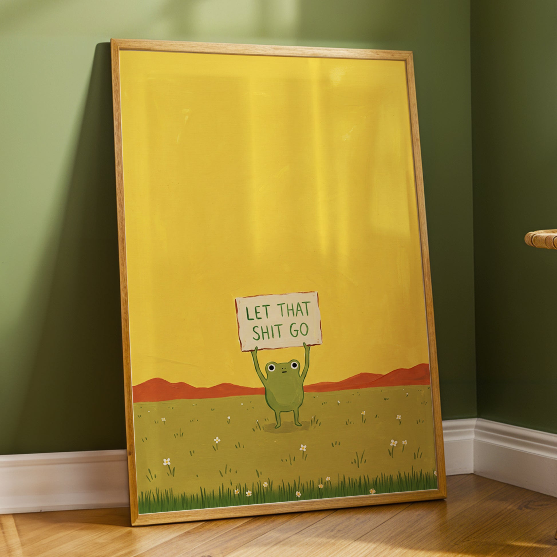 Let It Go, Little Frog, yellow, green, brown nature wall art displayed in a styled interior, gallery view 2
