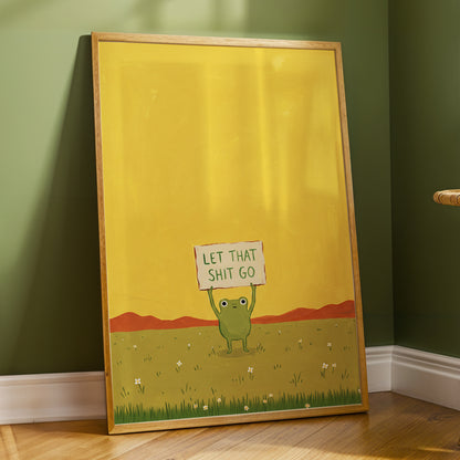 Let It Go, Little Frog, yellow, green, brown nature wall art displayed in a styled interior, gallery view 2