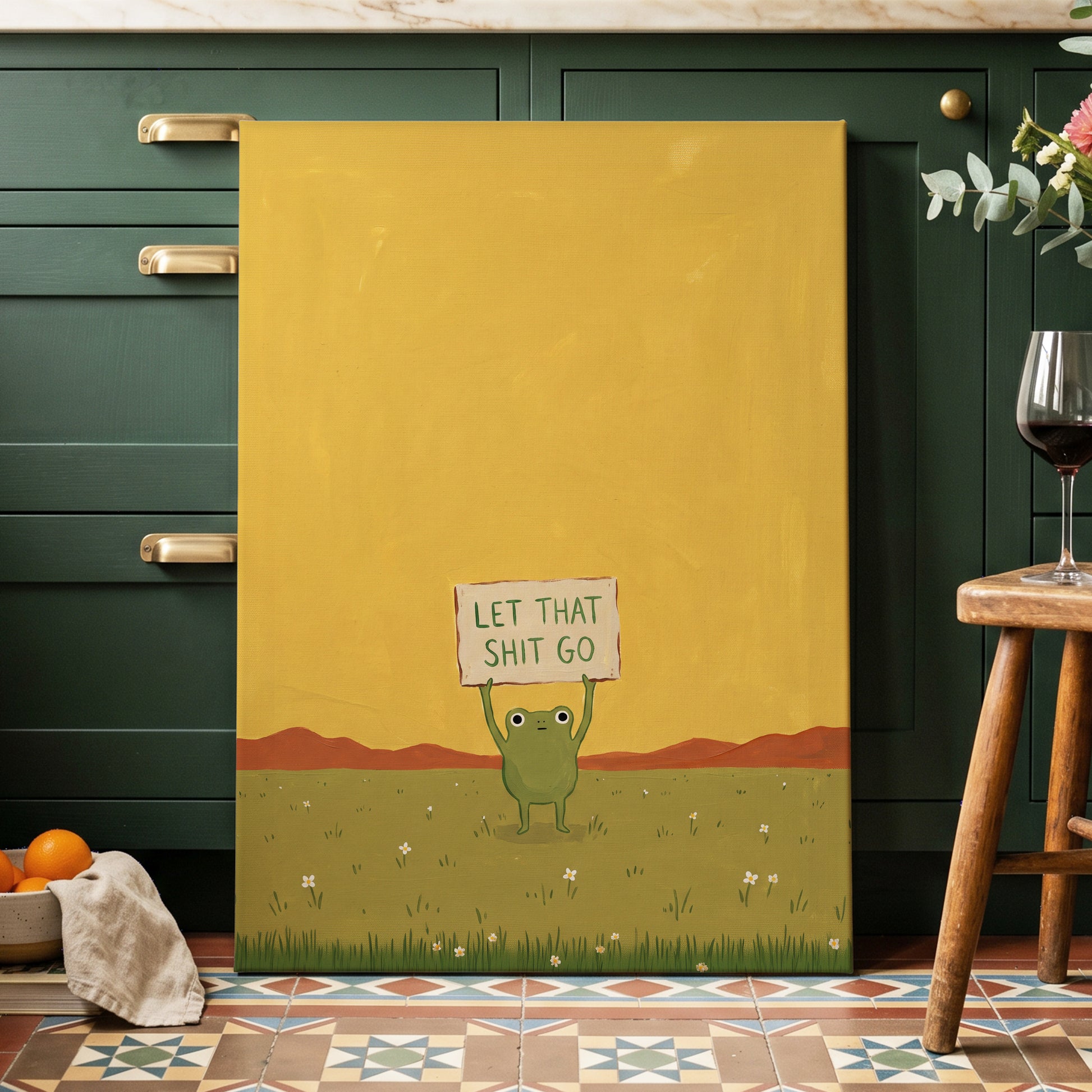Let It Go, Little Frog, yellow, green, brown nature wall art displayed in a styled interior, gallery view 3