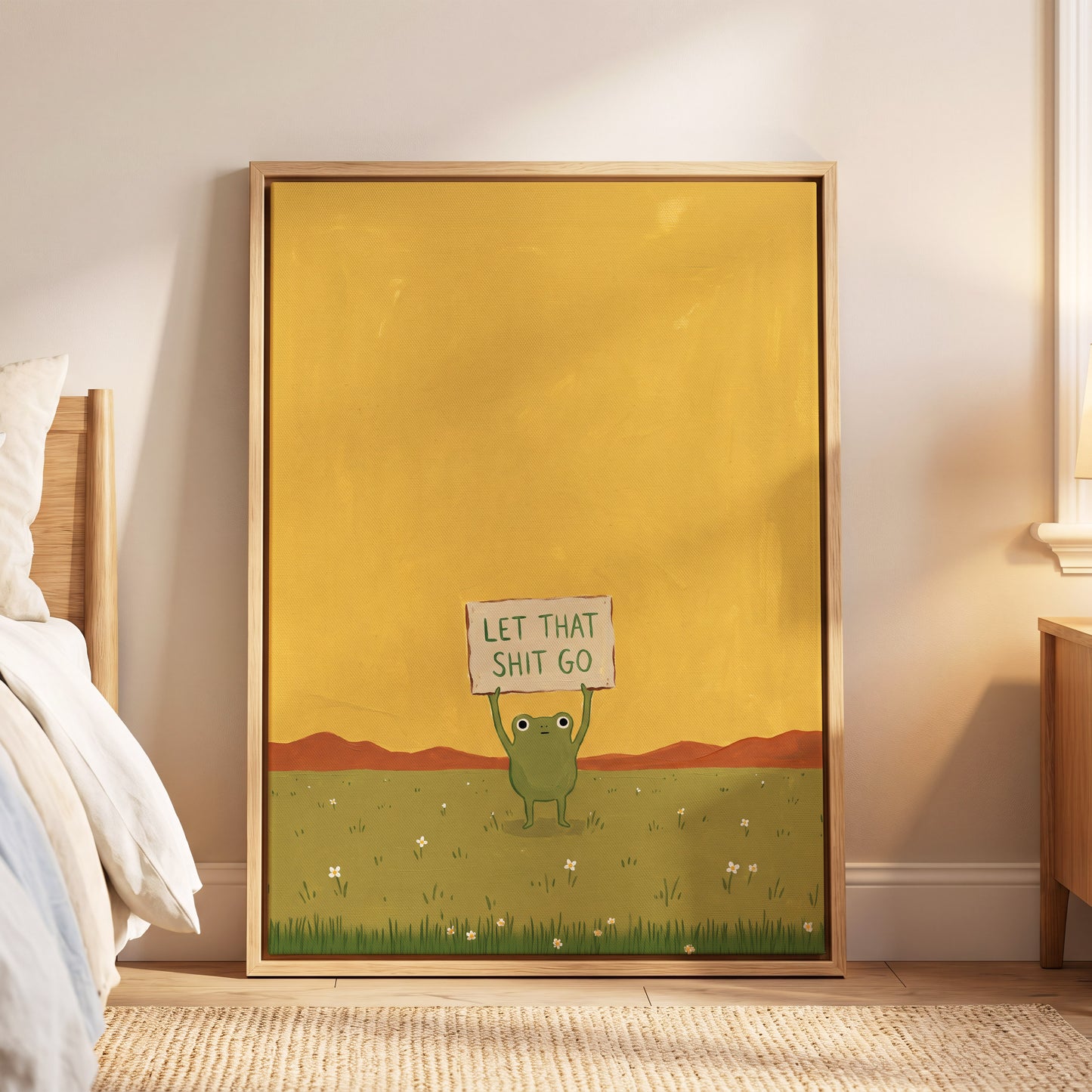 Let It Go, Little Frog, yellow, green, brown nature wall art displayed in a styled interior, gallery view 4