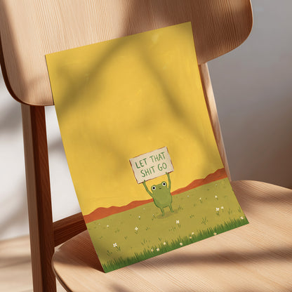 Let It Go, Little Frog, yellow, green, brown nature wall art displayed in a styled interior, gallery view 5