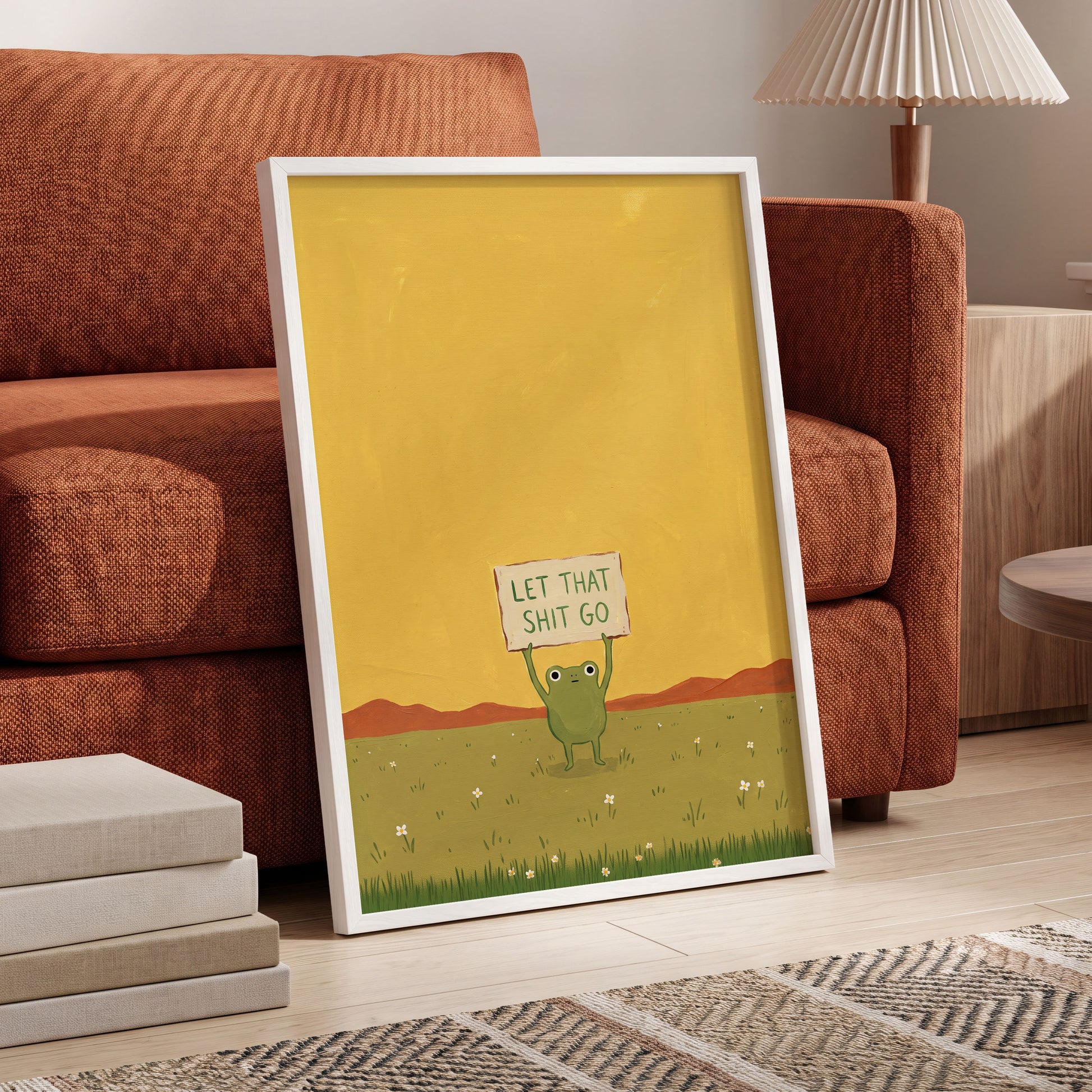 Let It Go, Little Frog, yellow, green, brown nature wall art displayed in a styled interior, gallery view 6
