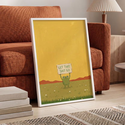 Let It Go, Little Frog, yellow, green, brown nature wall art displayed in a styled interior, gallery view 6