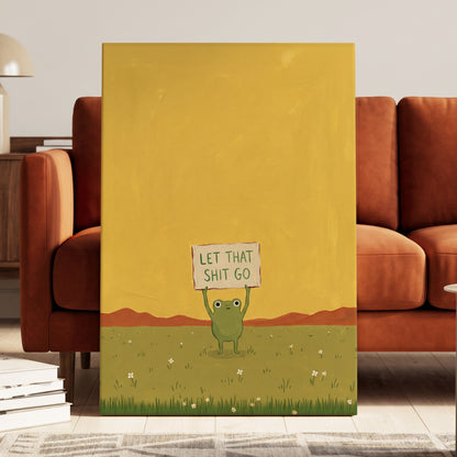 Let It Go, Little Frog, yellow, green, brown nature wall art displayed in a styled interior, gallery view 7