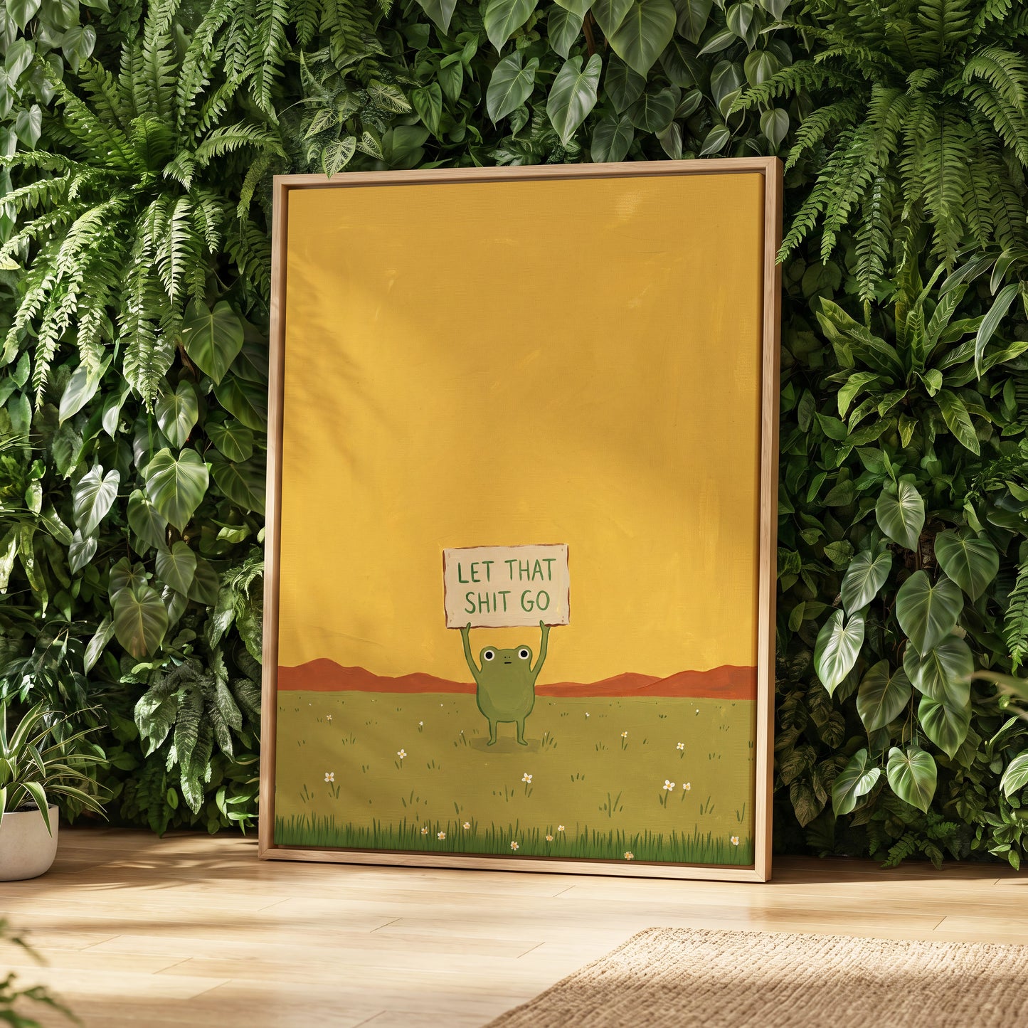 Let It Go, Little Frog, yellow, green, brown nature wall art displayed in a styled interior, gallery view 8