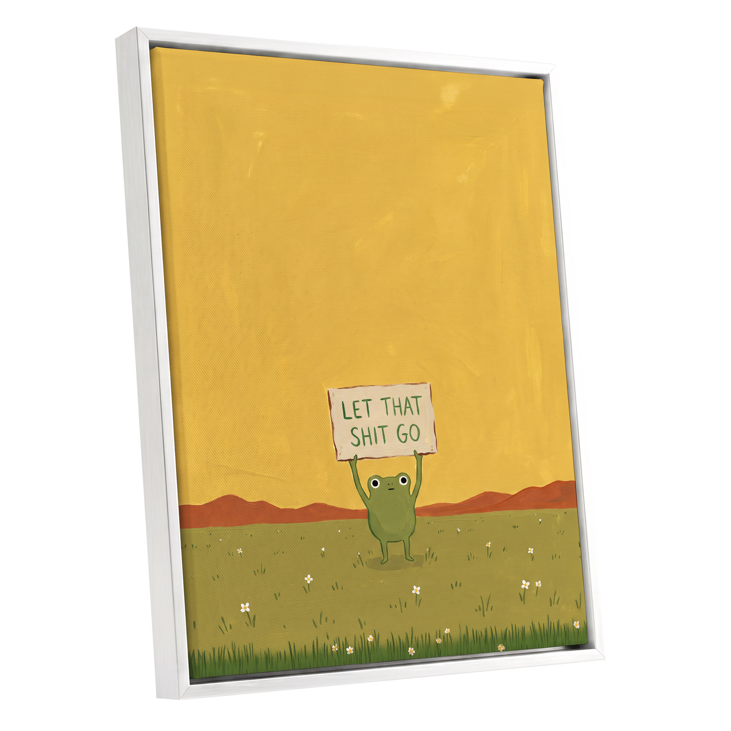 Let It Go, Little Frog, yellow, green, brown nature wall art shown as a white framed canvas wall art