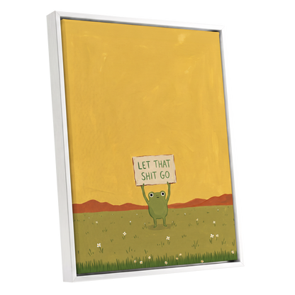 Let It Go, Little Frog, yellow, green, brown nature wall art shown as a white framed canvas wall art