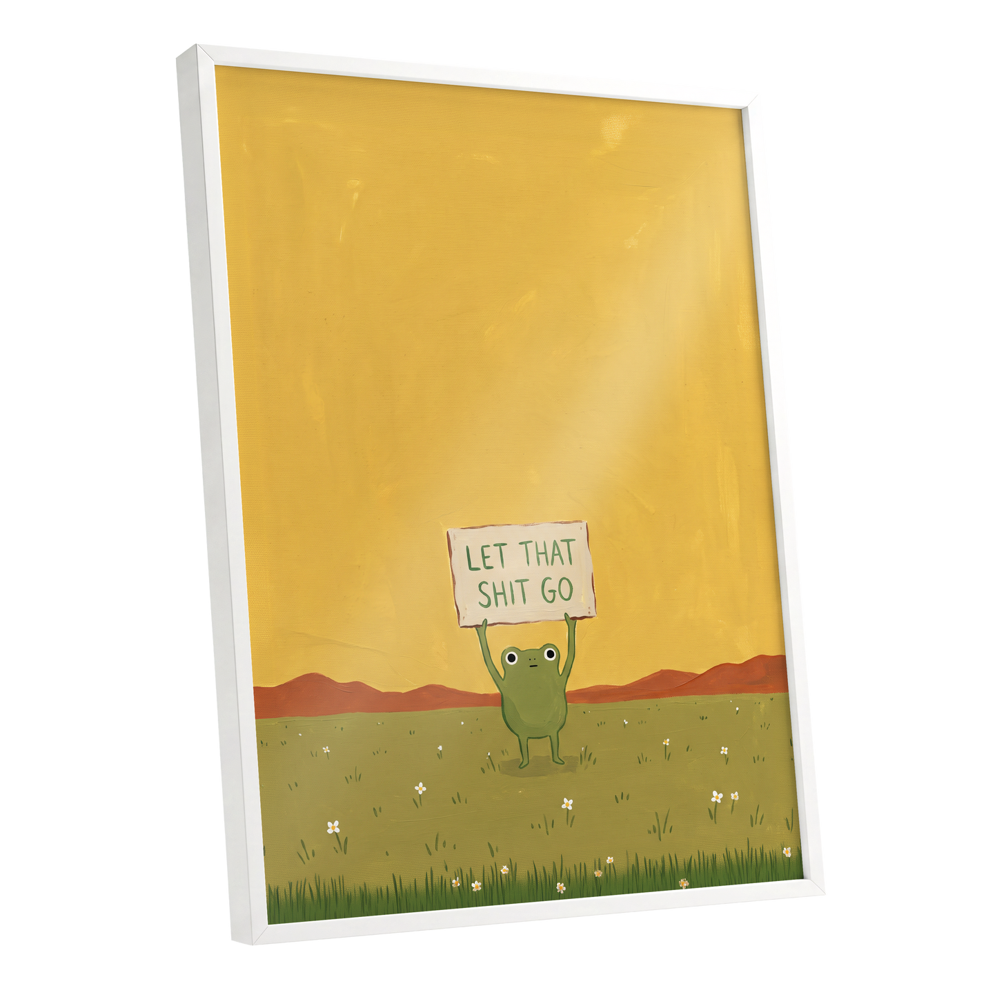 Let It Go, Little Frog, yellow, green, brown nature wall art shown as a white framed poster wall art print
