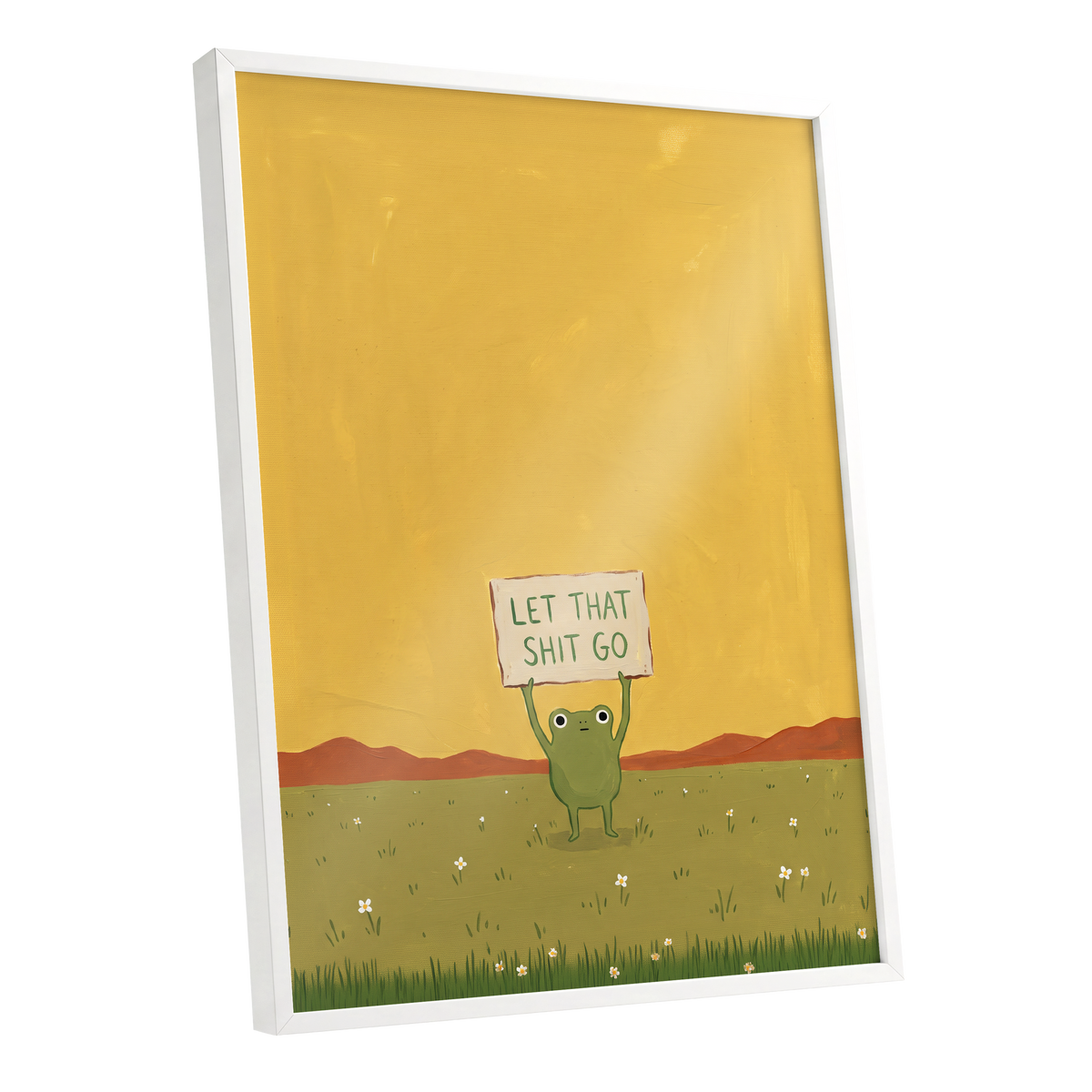 Let It Go, Little Frog, yellow, green, brown nature wall art shown as a white framed poster wall art print