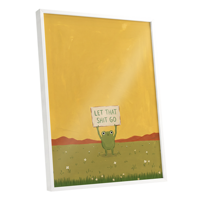 Let It Go, Little Frog, yellow, green, brown nature wall art shown as a white framed poster wall art print