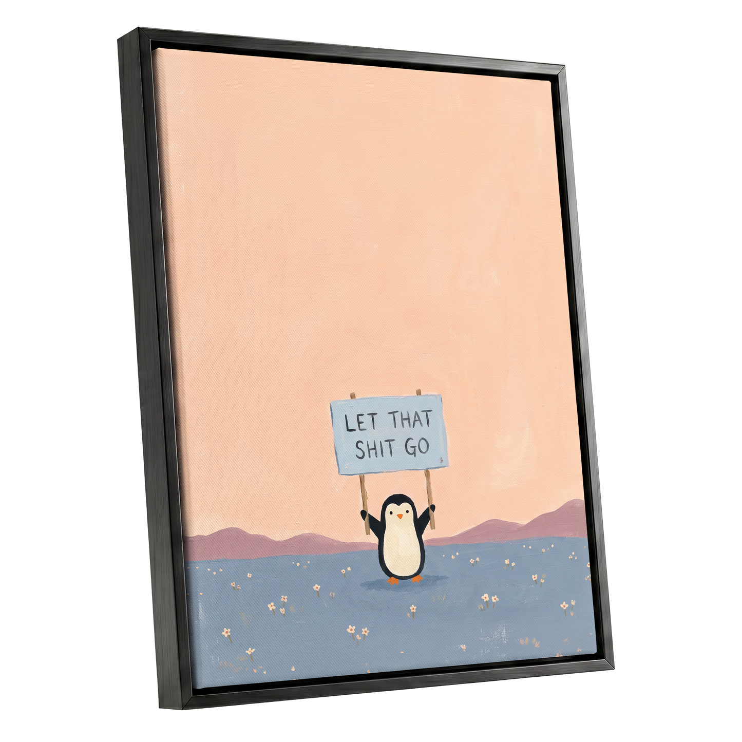 Let It Go Penguin, pink, blue, purple nature wall art shown as a black framed canvas wall art