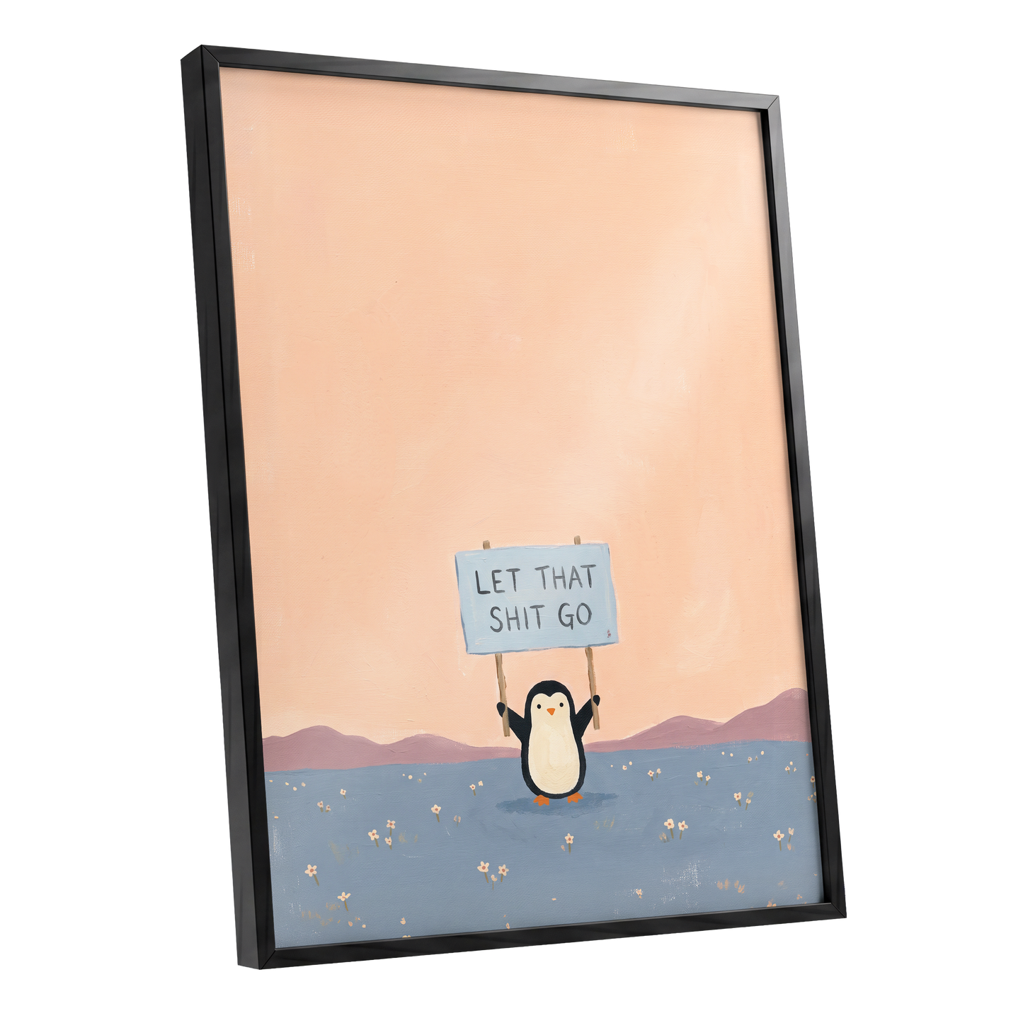 Let It Go Penguin, pink, blue, purple nature wall art shown as a black framed poster wall art print