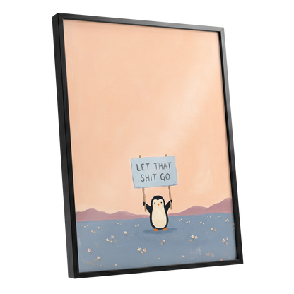Let It Go Penguin, pink, blue, purple nature wall art shown as a black framed poster wall art print