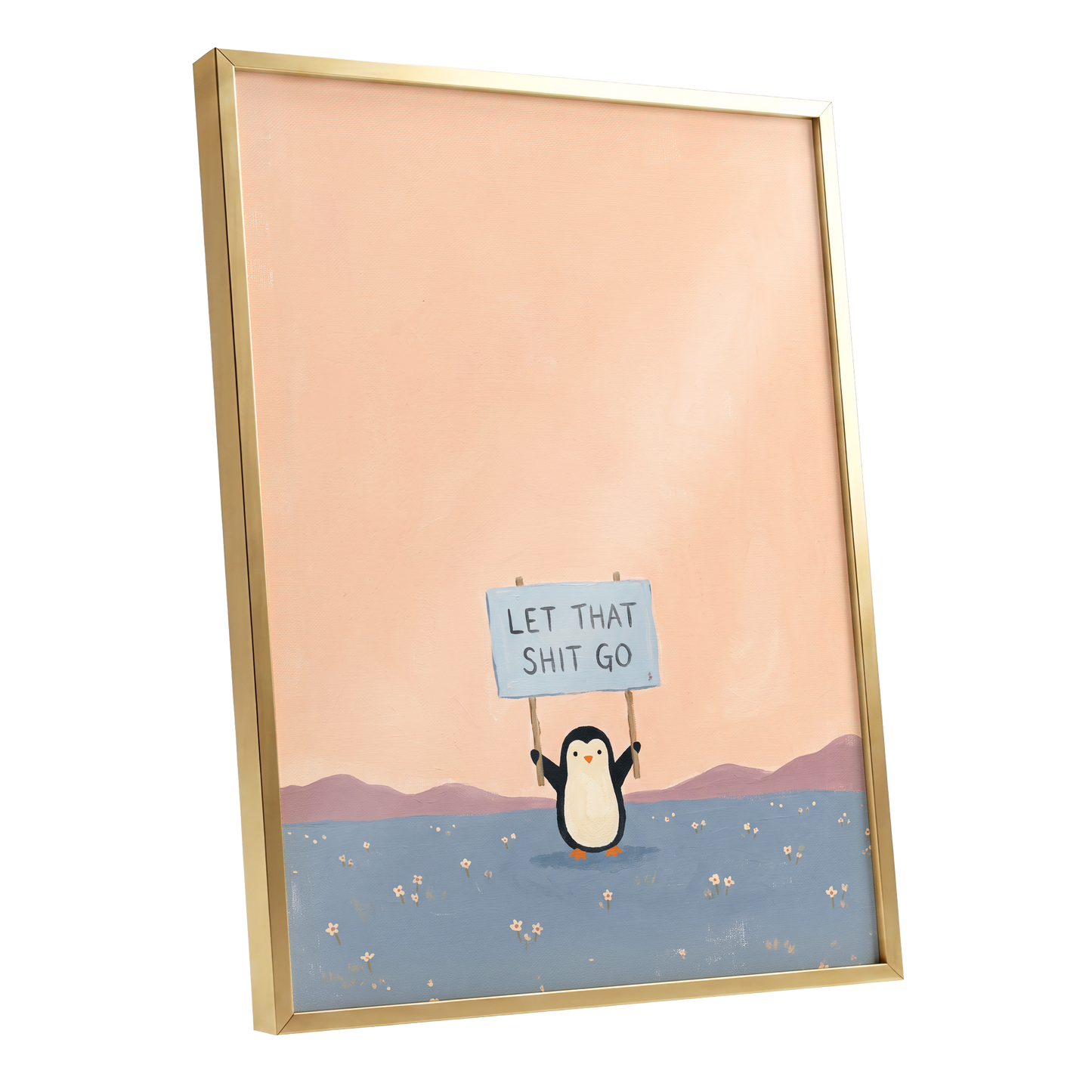 Let It Go Penguin, pink, blue, purple nature wall art shown as a gold framed poster wall art print