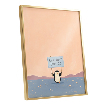 Let It Go Penguin, pink, blue, purple nature wall art shown as a gold framed poster wall art print