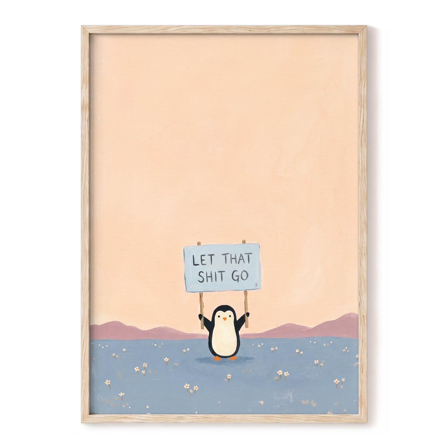 Let It Go Penguin, pink, blue, purple nature wall art, front artwork view
