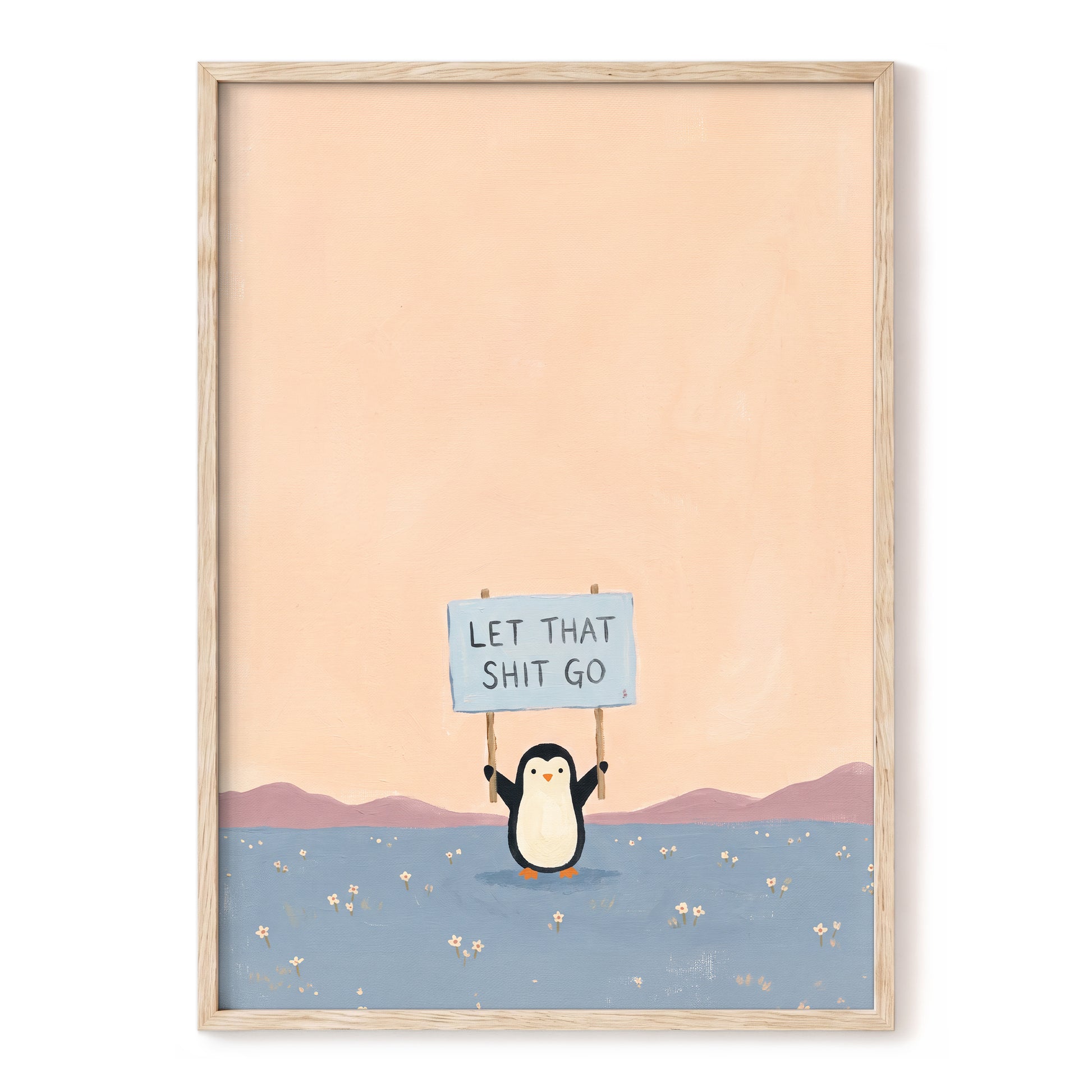 Let It Go Penguin, pink, blue, purple nature wall art, front artwork view