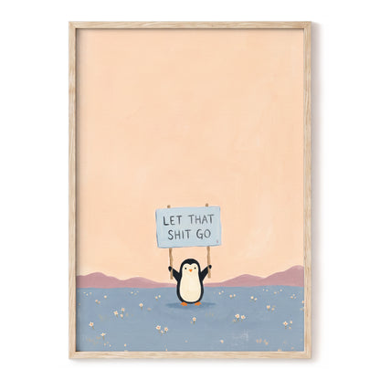 Let It Go Penguin, pink, blue, purple nature wall art, front artwork view