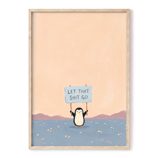 Let It Go Penguin, pink, blue, purple nature wall art, front artwork view