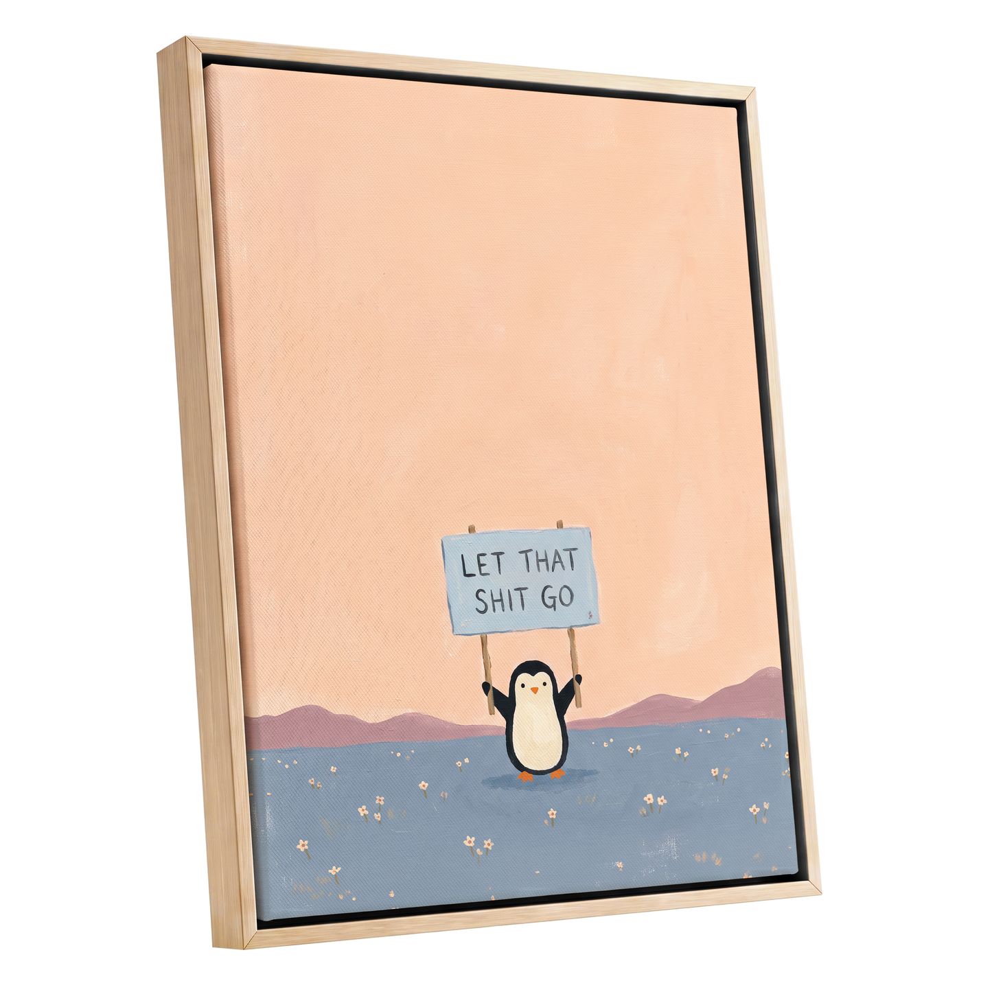 Let It Go Penguin, pink, blue, purple nature wall art shown as a oak framed canvas wall art