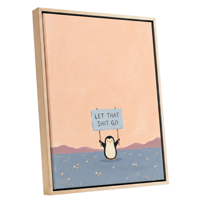 Let It Go Penguin, pink, blue, purple nature wall art shown as a oak framed canvas wall art