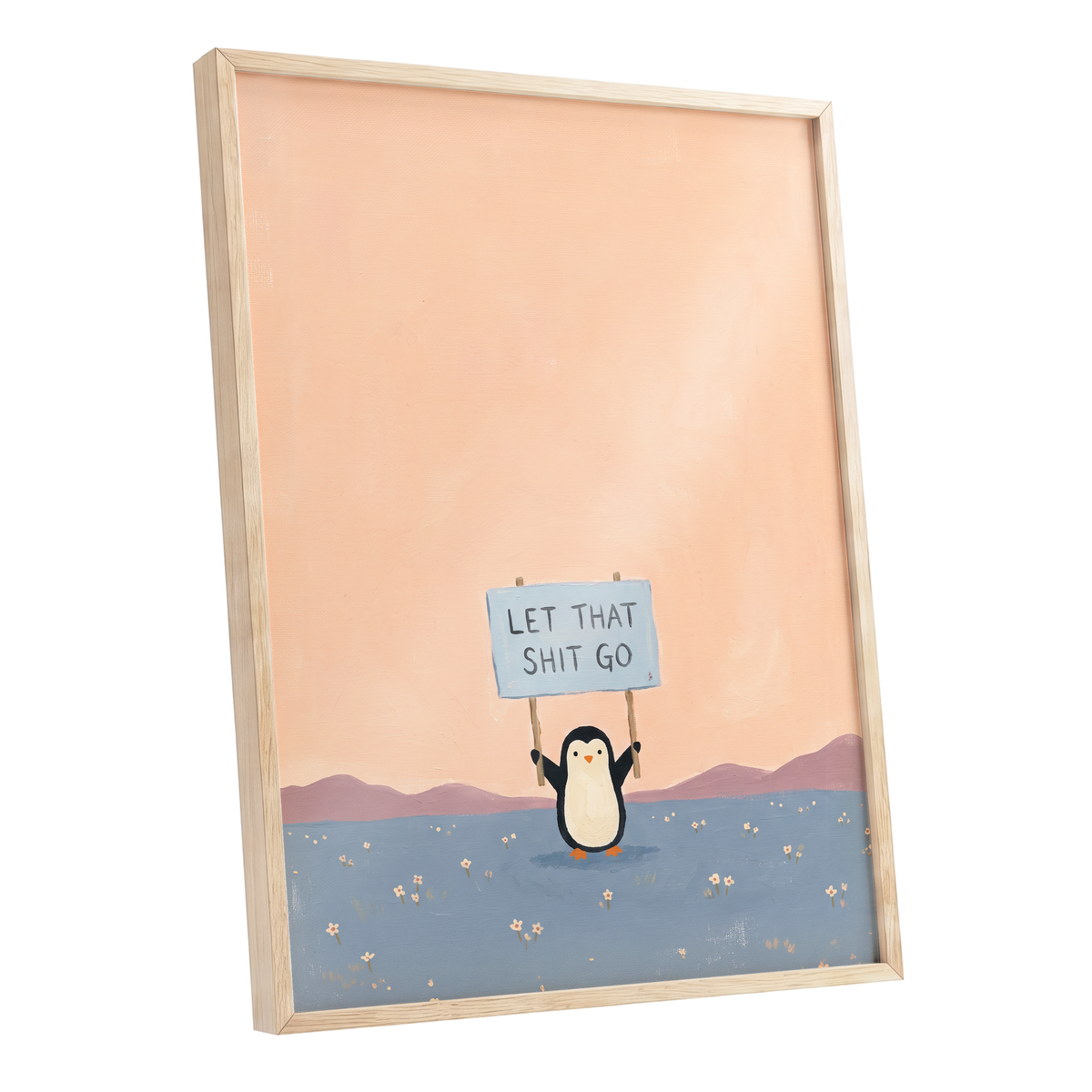 Let It Go Penguin, pink, blue, purple nature wall art shown as a oak framed poster wall art print
