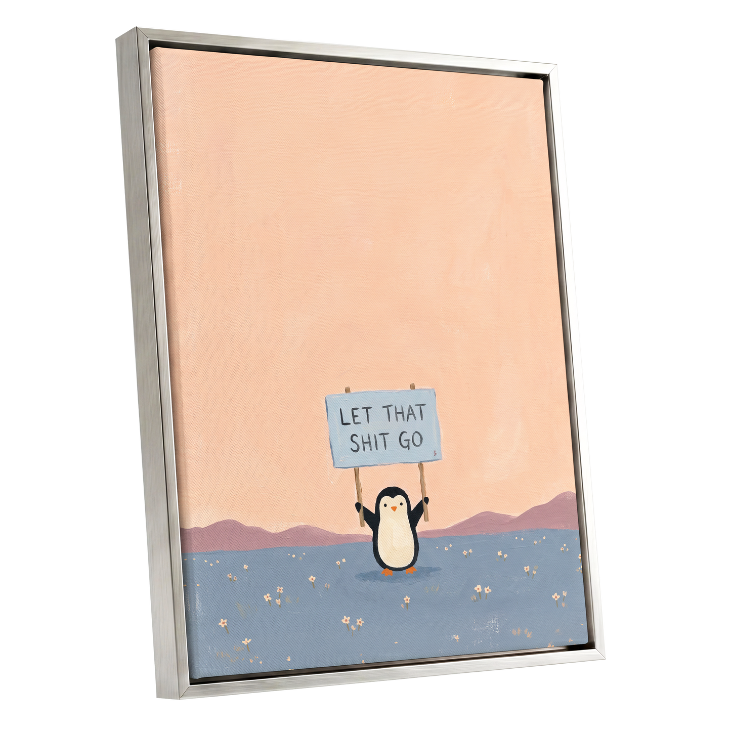 Let It Go Penguin, pink, blue, purple nature wall art shown as a silver framed canvas wall art