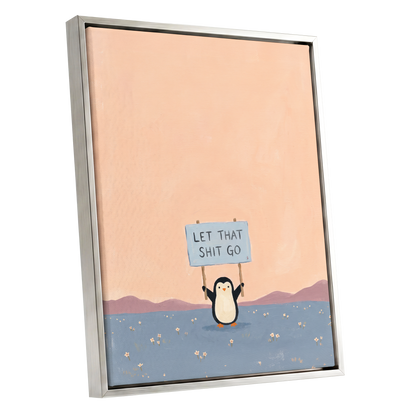 Let It Go Penguin, pink, blue, purple nature wall art shown as a silver framed canvas wall art