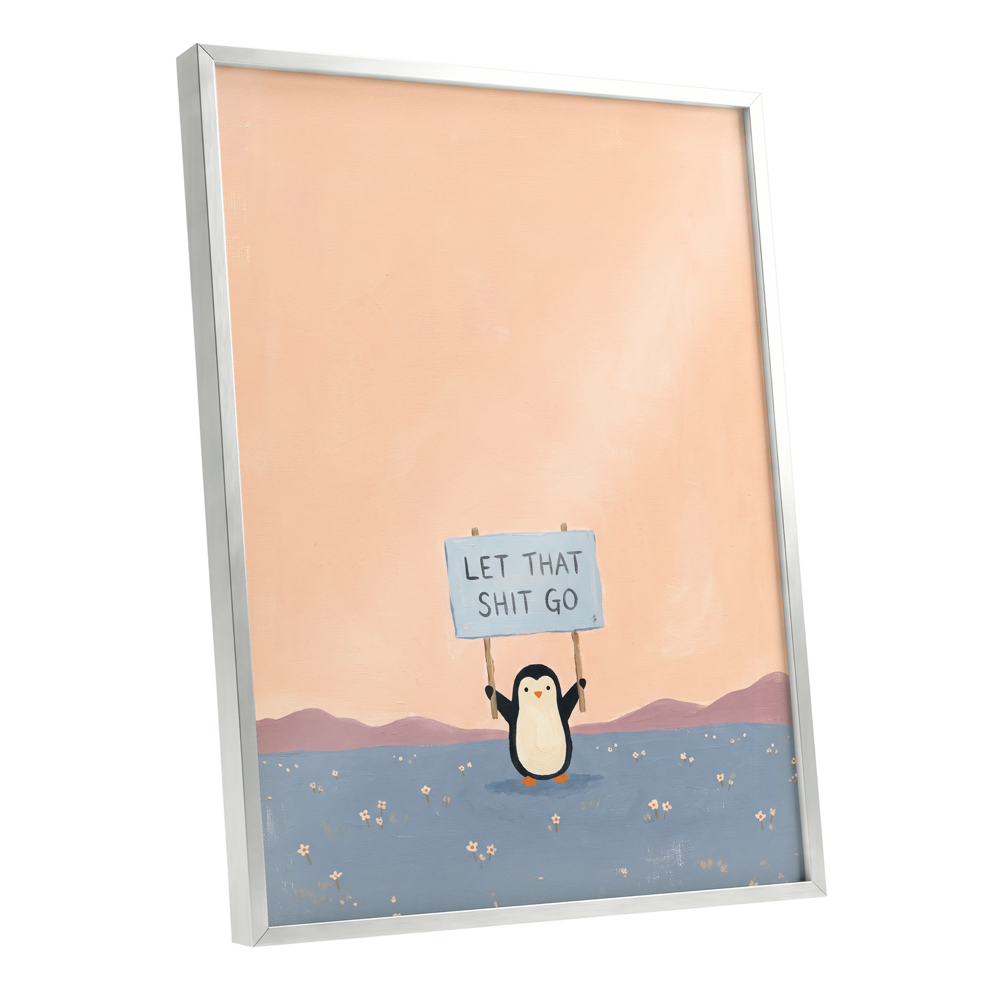 Let It Go Penguin, pink, blue, purple nature wall art shown as a silver framed poster wall art print