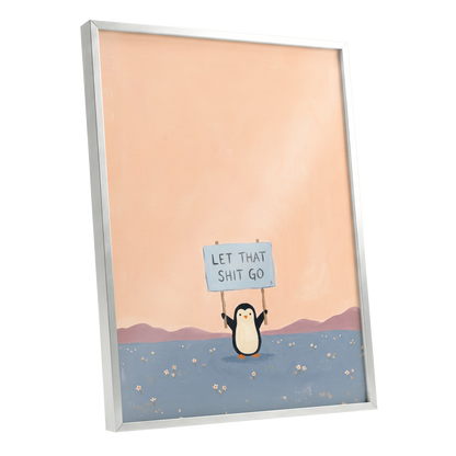 Let It Go Penguin, pink, blue, purple nature wall art shown as a silver framed poster wall art print