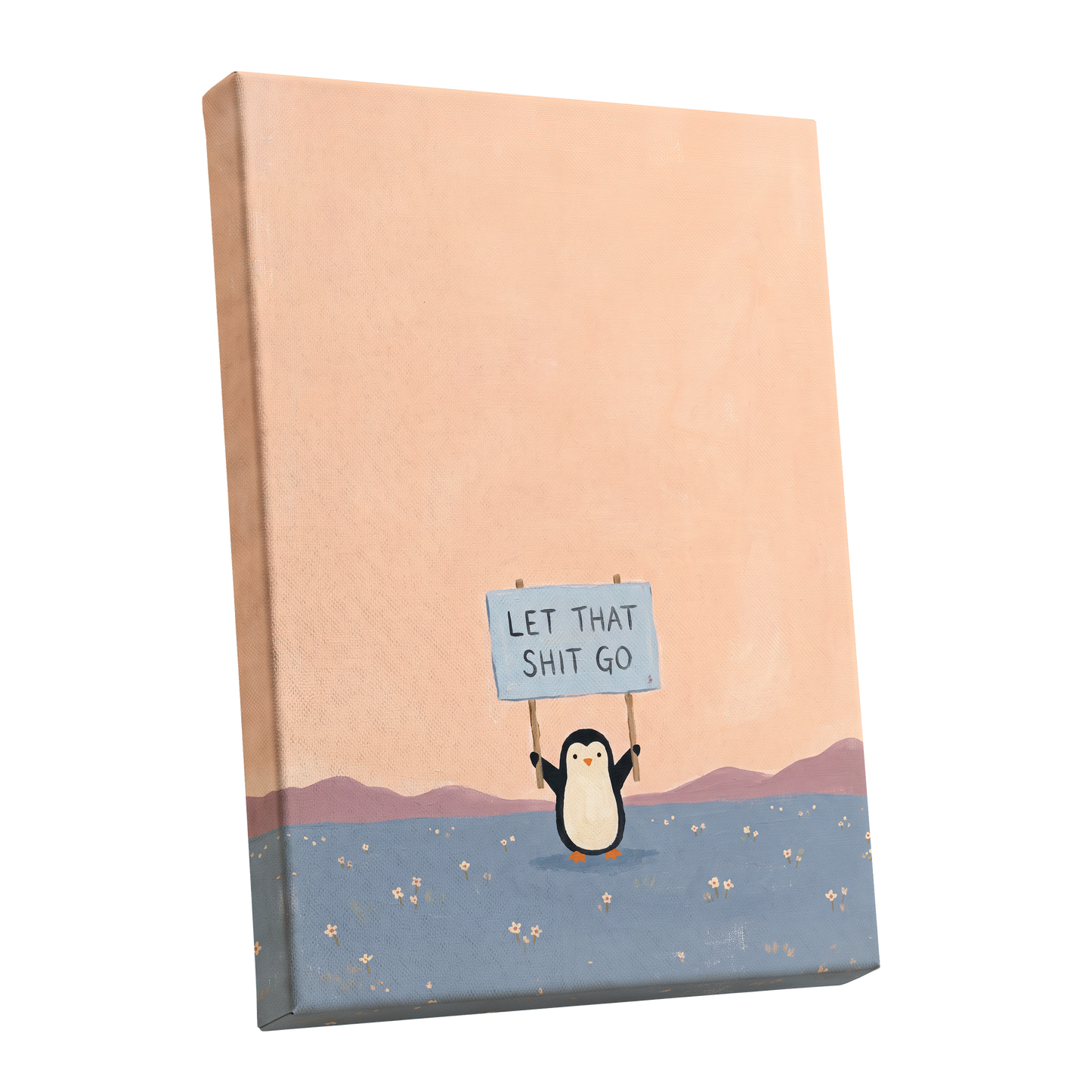 Let It Go Penguin, pink, blue, purple nature wall art shown as a stretched canvas wall art