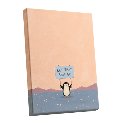 Let It Go Penguin, pink, blue, purple nature wall art shown as a stretched canvas wall art