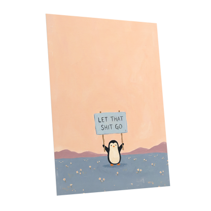 Let It Go Penguin, pink, blue, purple nature wall art shown as a unframed poster wall art print