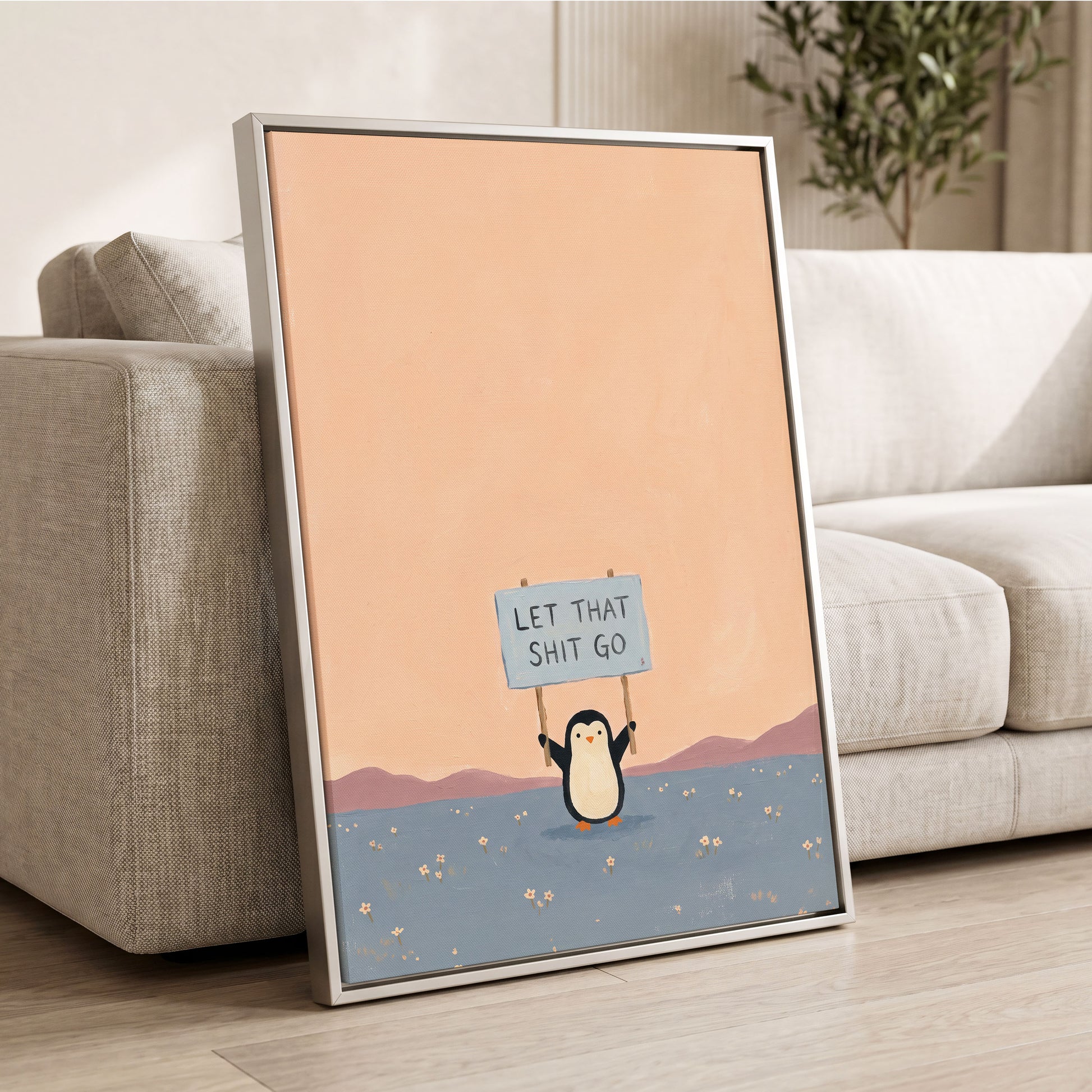 Let It Go Penguin, pink, blue, purple nature wall art displayed in a styled interior, gallery view 4