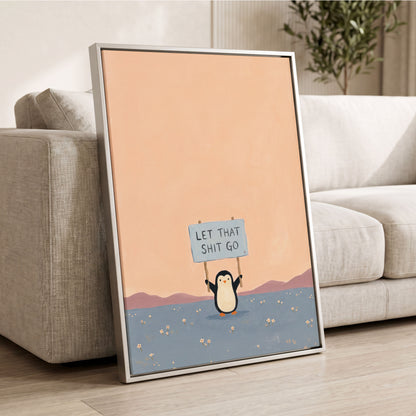 Let It Go Penguin, pink, blue, purple nature wall art displayed in a styled interior, gallery view 4