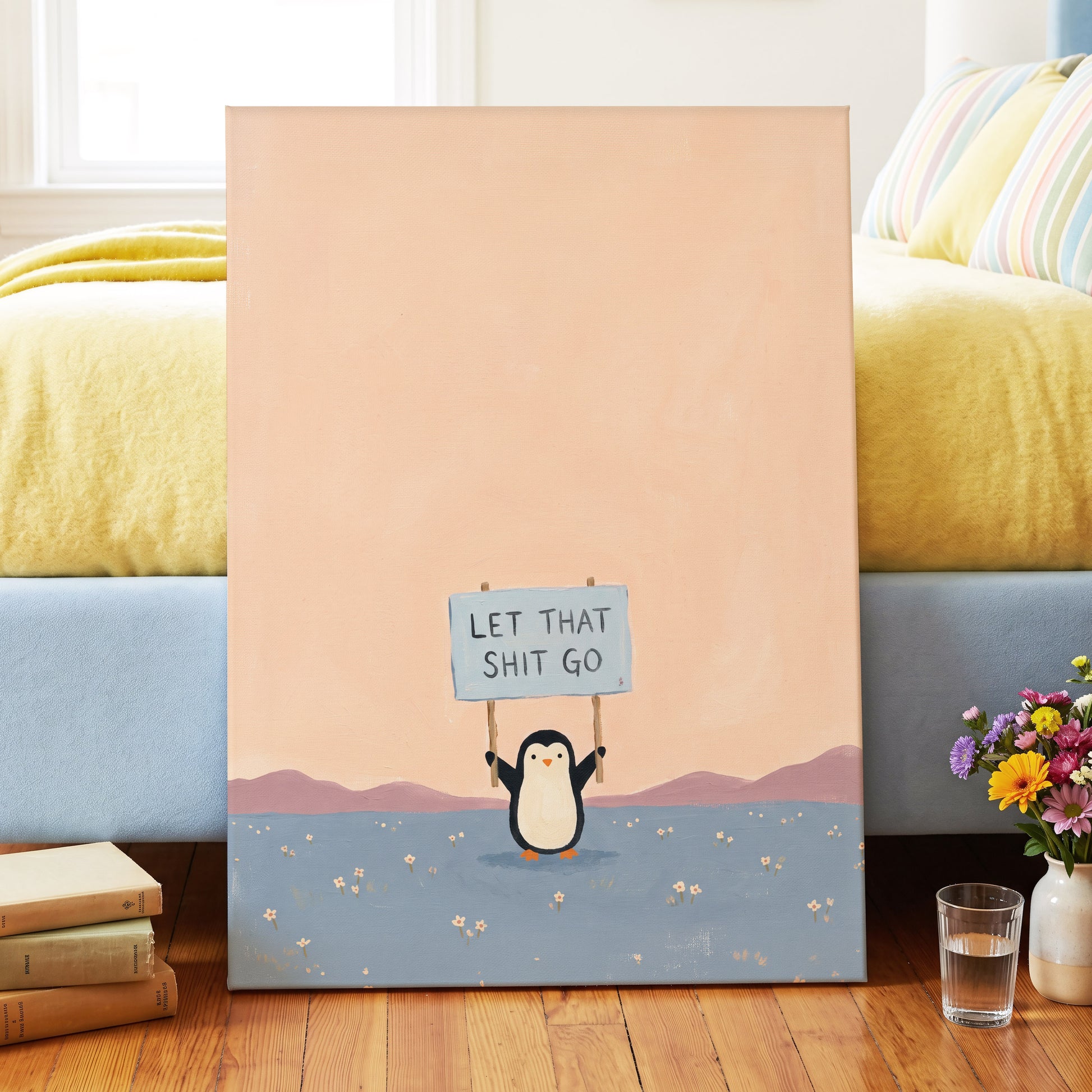 Let It Go Penguin, pink, blue, purple nature wall art displayed in a styled interior, gallery view 7