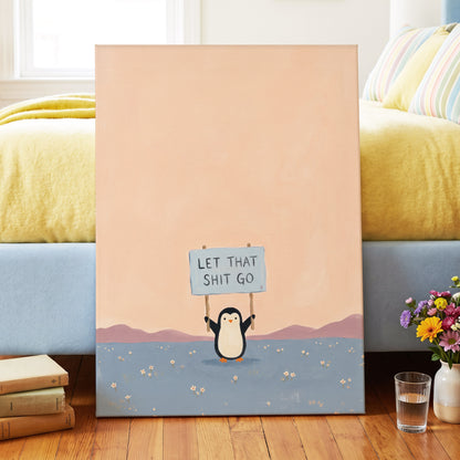 Let It Go Penguin, pink, blue, purple nature wall art displayed in a styled interior, gallery view 7