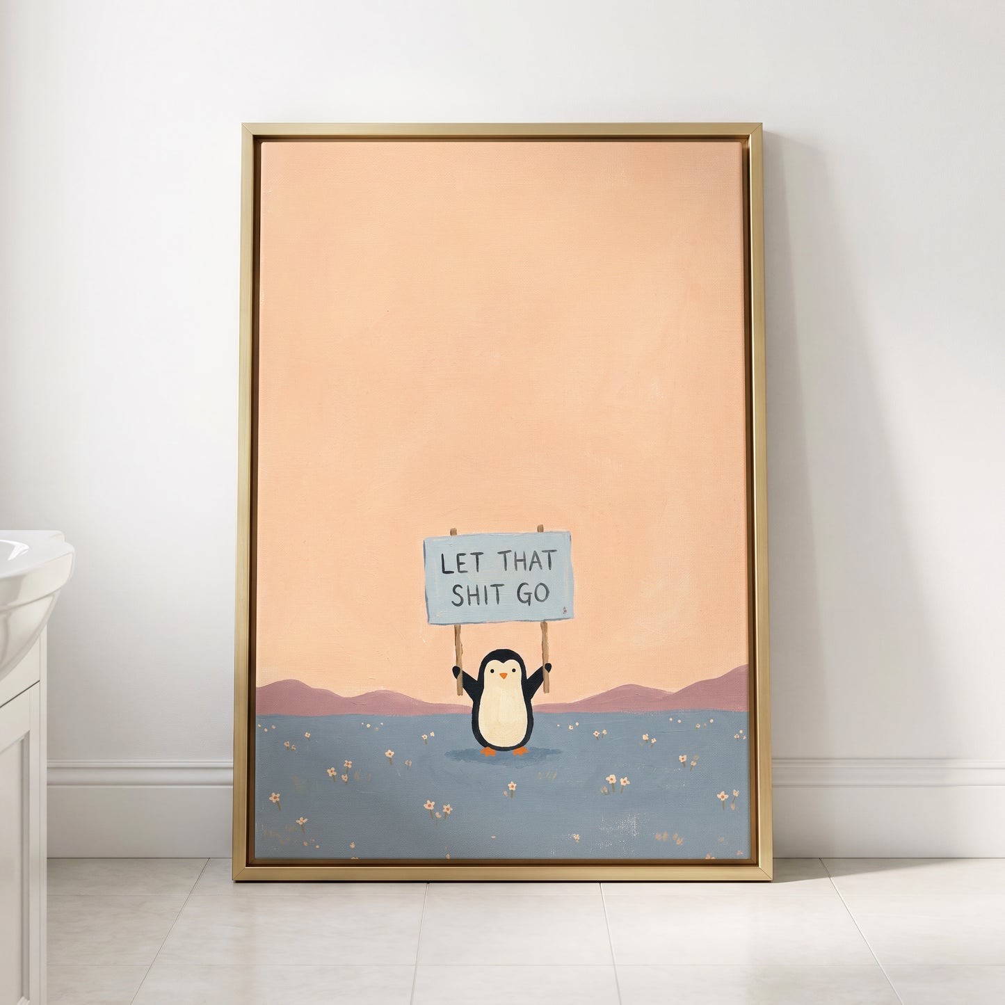 Let It Go Penguin, pink, blue, purple nature wall art displayed in a styled interior, gallery view 8