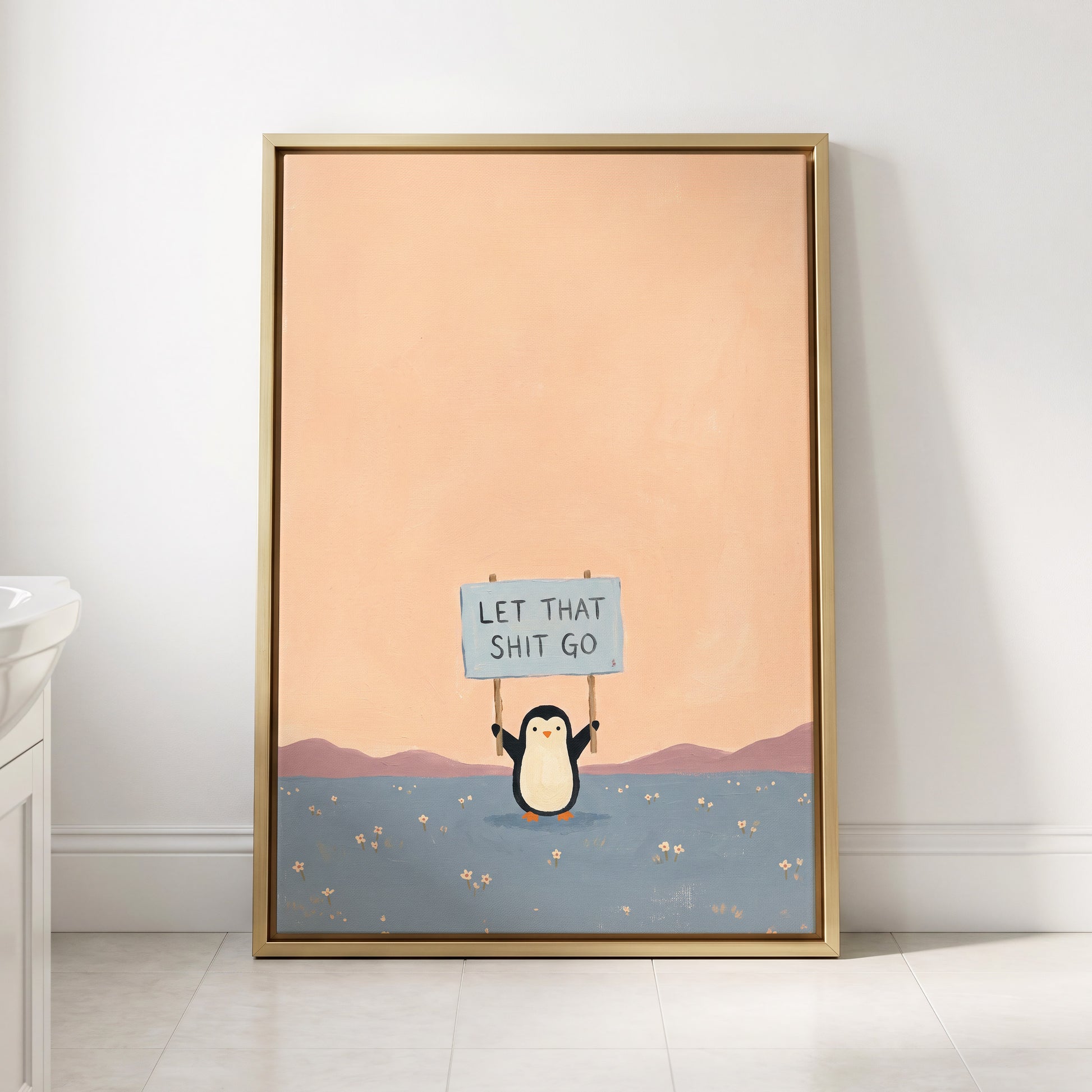 Let It Go Penguin, pink, blue, purple nature wall art displayed in a styled interior, gallery view 8