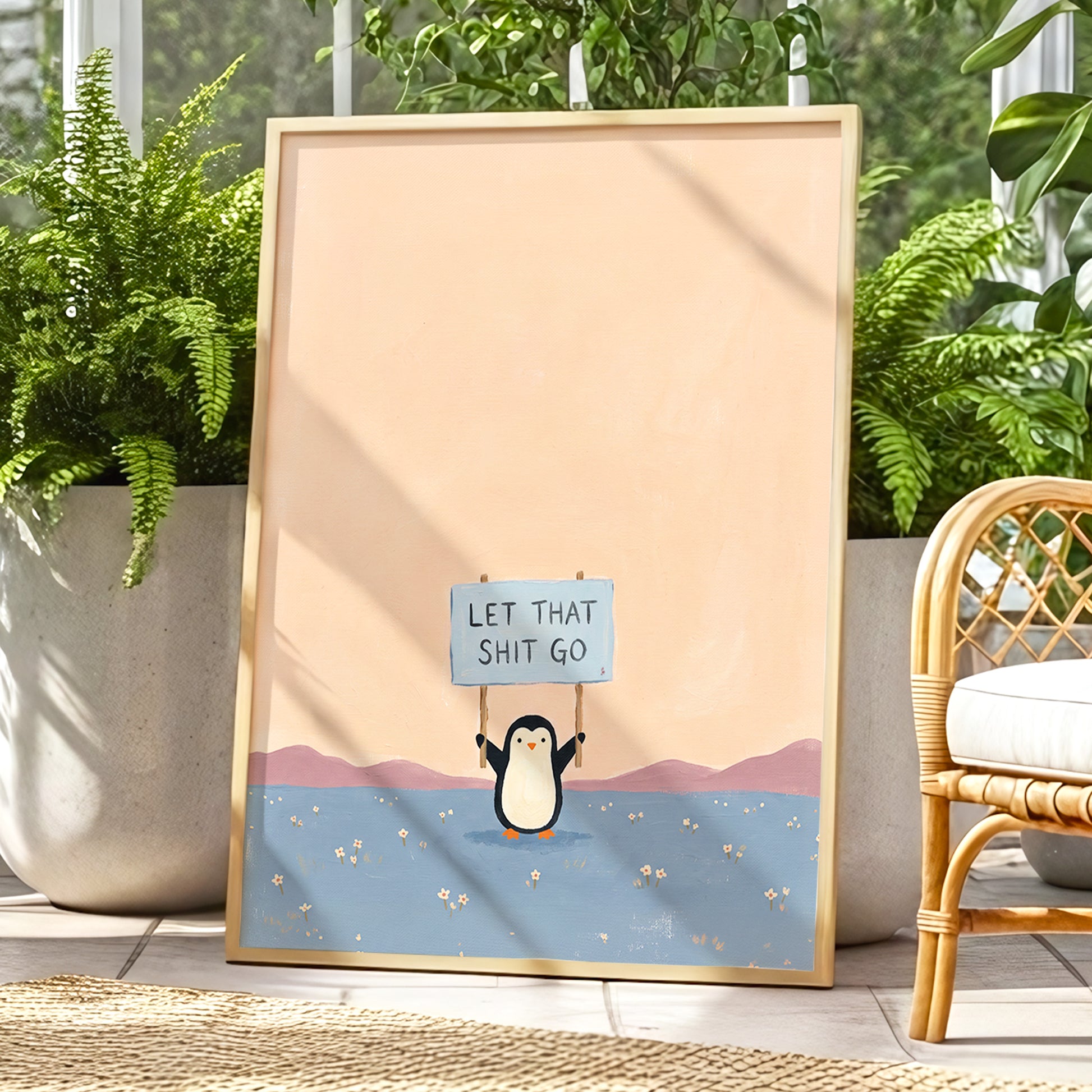 Let It Go Penguin, pink, blue, purple nature wall art displayed in a styled interior, gallery view 9