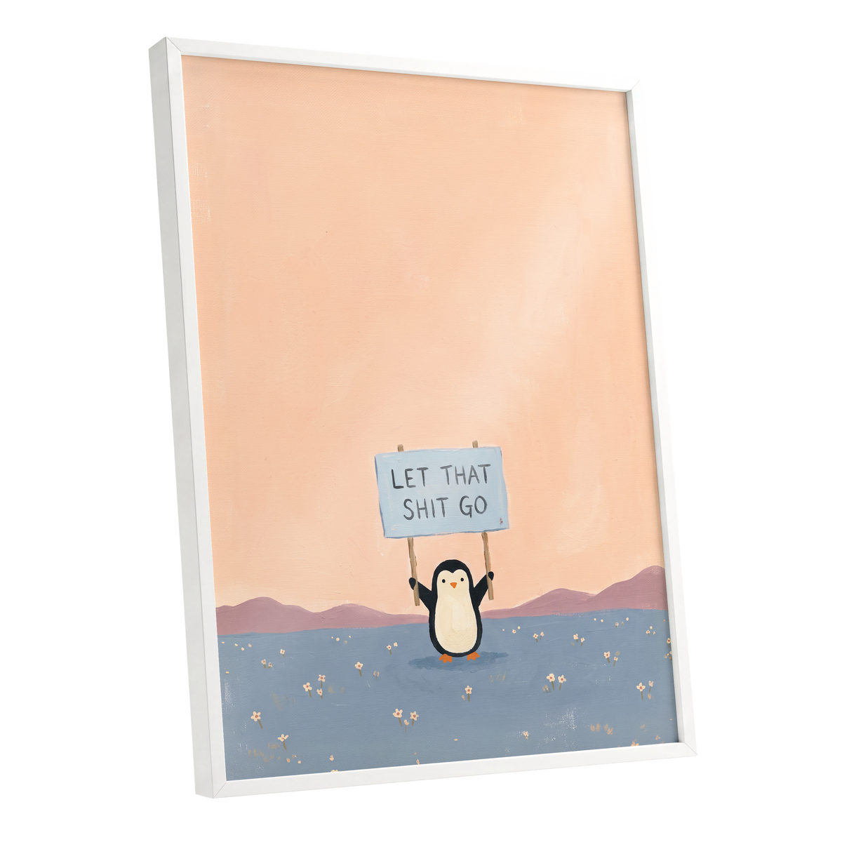 Let It Go Penguin, pink, blue, purple nature wall art shown as a white framed poster wall art print