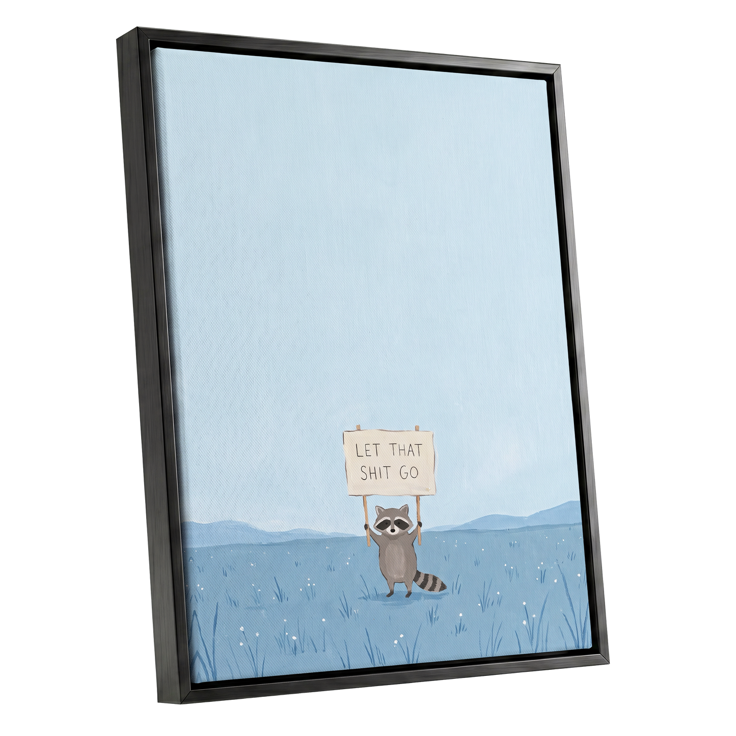 Let It Go Raccoon, blue, beige, gray nature wall art shown as a black framed canvas wall art