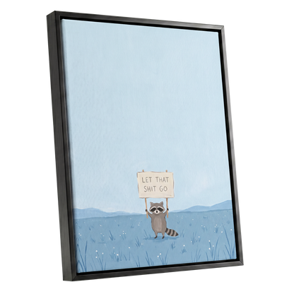 Let It Go Raccoon, blue, beige, gray nature wall art shown as a black framed canvas wall art