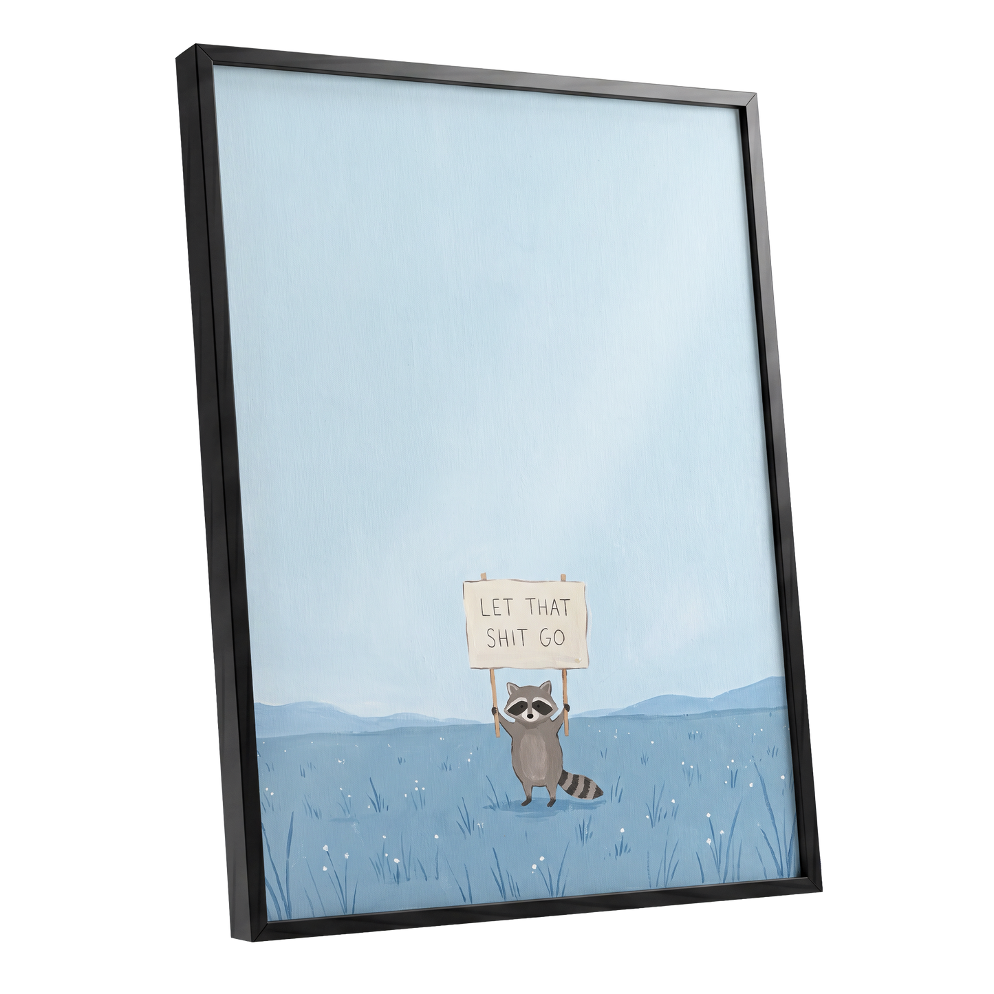 Let It Go Raccoon, blue, beige, gray nature wall art shown as a black framed poster wall art print
