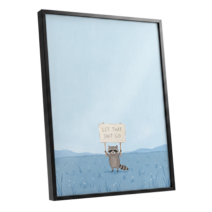Let It Go Raccoon, blue, beige, gray nature wall art shown as a black framed poster wall art print