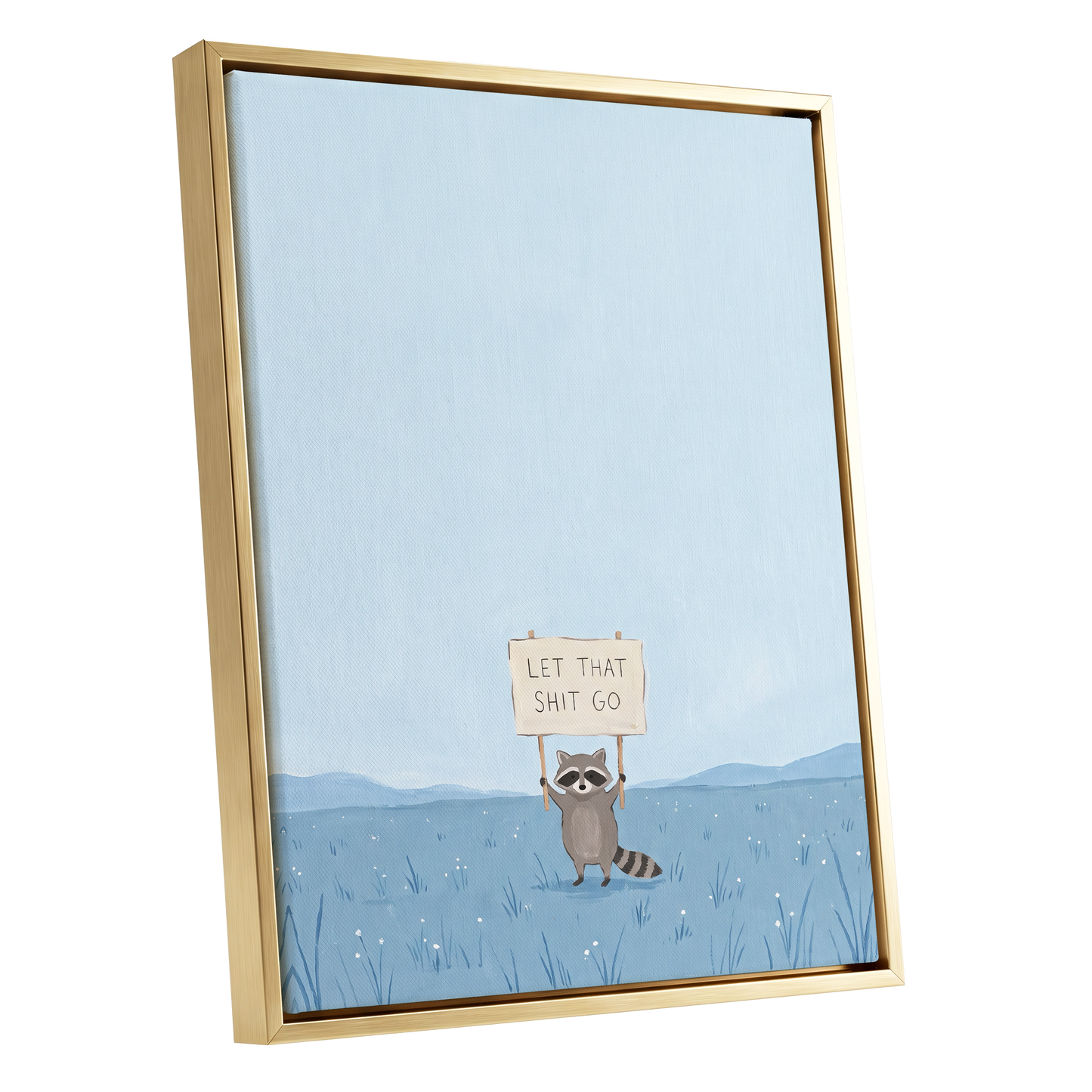 Let It Go Raccoon, blue, beige, gray nature wall art shown as a gold framed canvas wall art