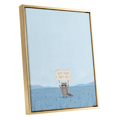 Let It Go Raccoon, blue, beige, gray nature wall art shown as a gold framed canvas wall art
