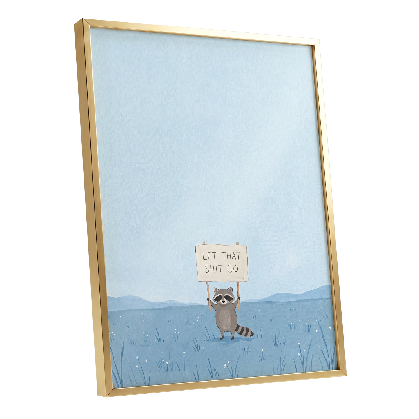 Let It Go Raccoon, blue, beige, gray nature wall art shown as a gold framed poster wall art print